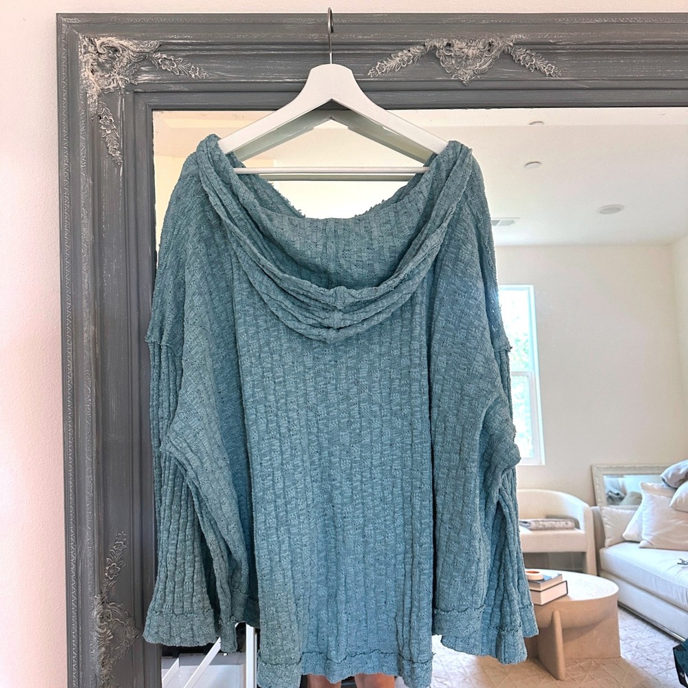 Free People Baja Babe Hacci Oversized Hooded Sweater Textured Knit Bell Sleeve L - Picture 6 of 9